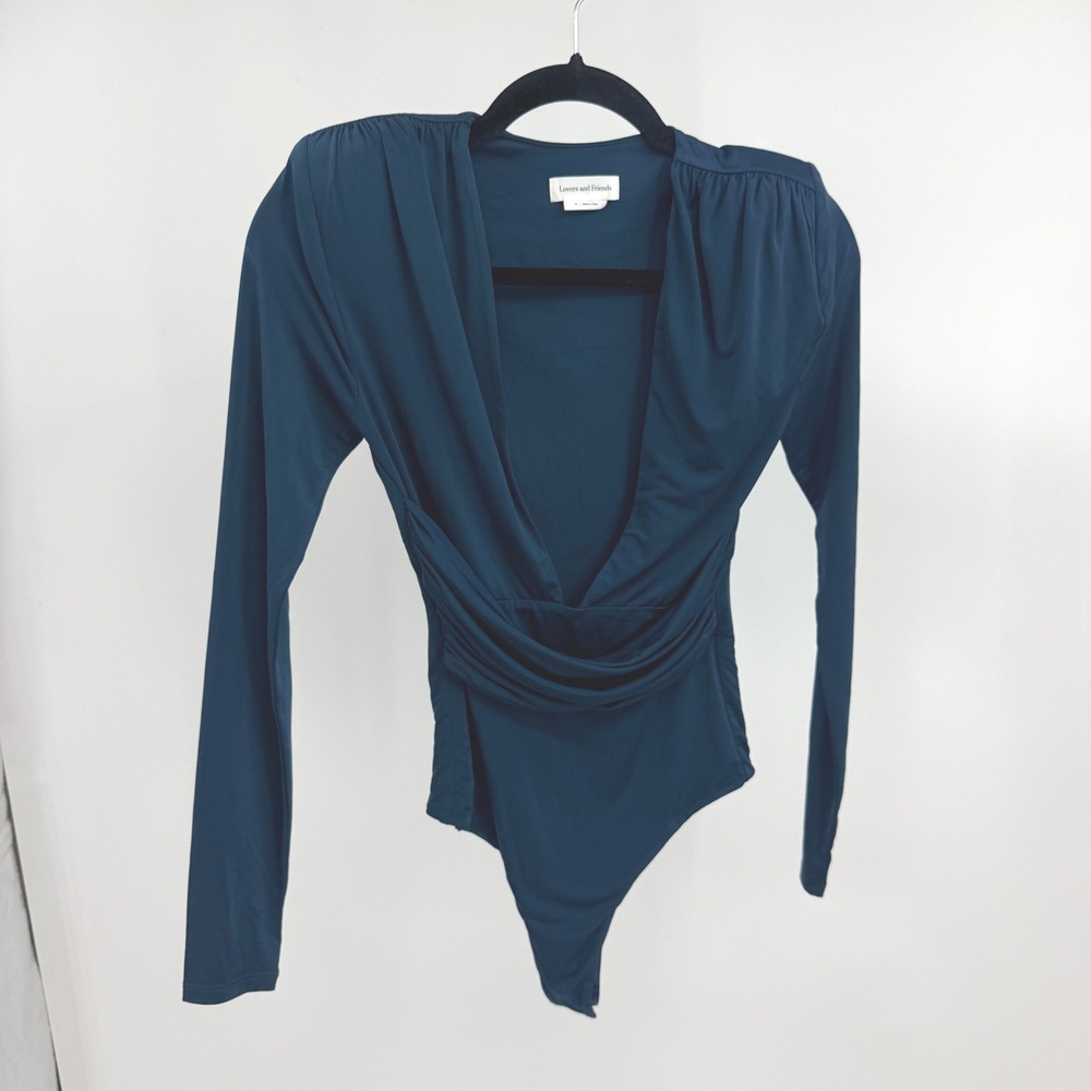 Lovers and Friends Teal Blue Plunging V-Neck Long Sleeve Bodysuit Shoulder Pads